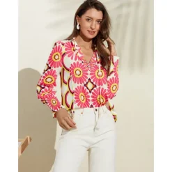 Satin Floral Print V Neck Shirt