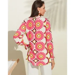 Satin Floral Print V Neck Shirt