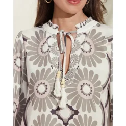 Satin Floral Print V Neck Shirt