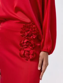 Satin Wedding Guest Floral Slash Neck Juliet Sleeve Wide Leg Two Piece Set