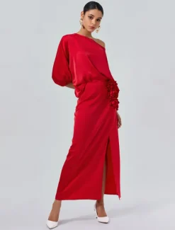 Satin Wedding Guest Floral Slash Neck Juliet Sleeve Wide Leg Two Piece Set