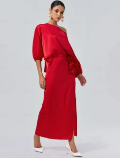 Satin Wedding Guest Floral Slash Neck Juliet Sleeve Wide Leg Two Piece Set