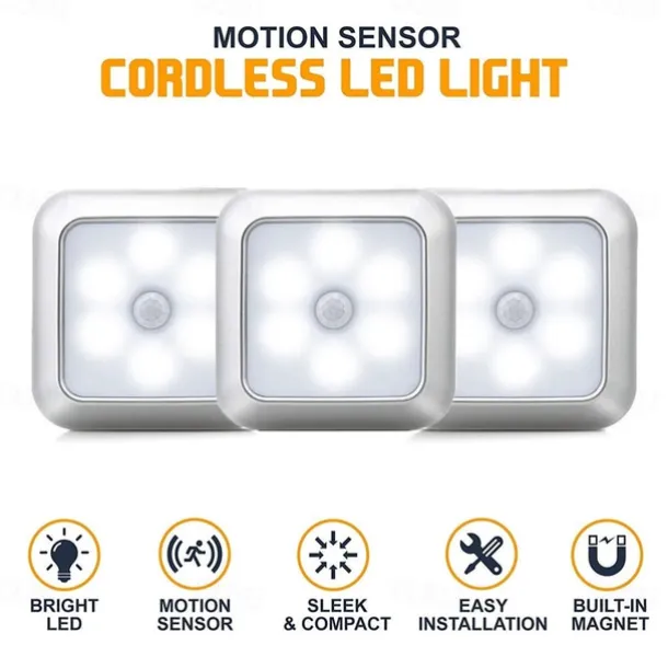 Schranklicht Mit Quadratische Bewegungsmelder Nachtlichter, Batteriebetriebene PIR-Induktionsleuchte für Schrank, Magnetische Beleuchtung für Treppen, Küche und Schlafzimmer (1 Stück)