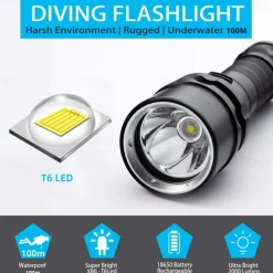 Scube Diving Flashlight IP68 WaterProof Underwater Rechargeable 1850 Battery Flashlight, Professional Diving Flashlight for Indoor and Outdoor Use