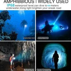 Scube Diving Flashlight IP68 WaterProof Underwater Rechargeable 1850 Battery Flashlight, Professional Diving Flashlight for Indoor and Outdoor Use