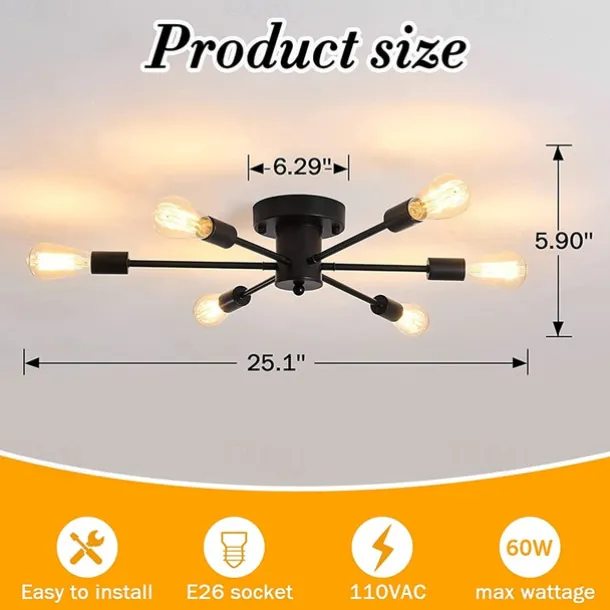 Semi Flush Mount Ceiling Light Fixture, 6 Lights Modern Sputnik Chandelier Pendant Lighting for Living Room Kitchen Dining Room Bedroom Farmhouse Flush Mount Ceiling Lights 110-240V