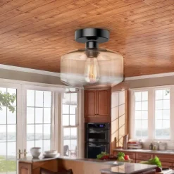 Semi Flush Mount Ceiling Light, Modern Light Fixture with Glass Shade, Oil Rubbed Bronze Finish for Hallway Corridor Kitchen Bathroom Bedroom Passway