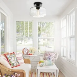 Semi Flush Mount Ceiling Light, Modern Light Fixture with Glass Shade, Oil Rubbed Bronze Finish for Hallway Corridor Kitchen Bathroom Bedroom Passway