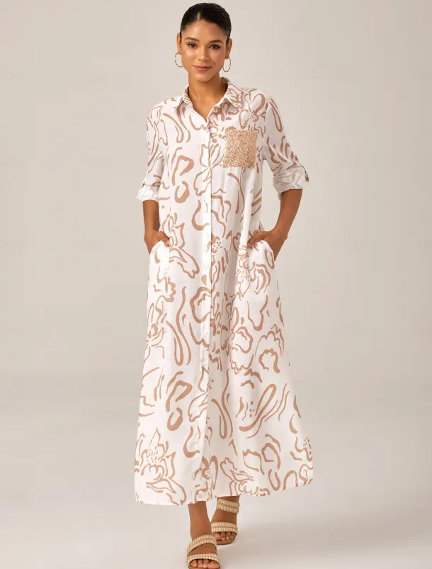 Sequin Apricot Curve Pocket Roll Up Sleeve Maxi Shirt Dress