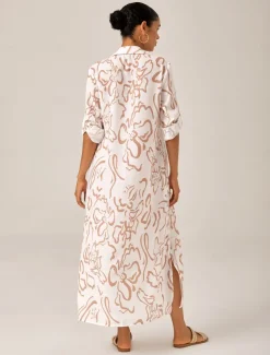 Sequin Apricot Curve Pocket Roll Up Sleeve Maxi Shirt Dress