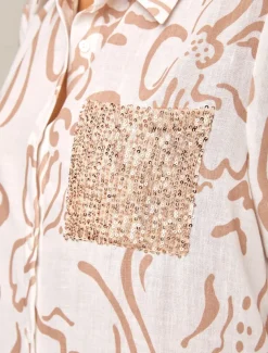 Sequin Apricot Curve Pocket Roll Up Sleeve Maxi Shirt Dress