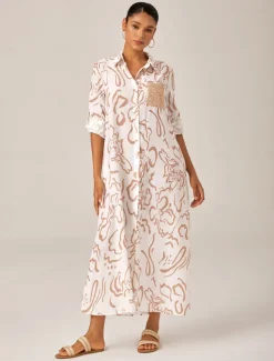 Sequin Apricot Curve Pocket Roll Up Sleeve Maxi Shirt Dress