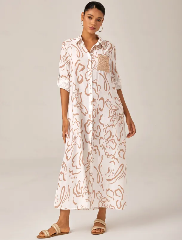 Sequin Apricot Curve Pocket Roll Up Sleeve Maxi Shirt Dress