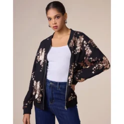 Sequin Crew Neck Bomber Jacket