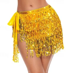 Sequin Skirt Fringe Wrap Skirts Sparkly Belly Dance Hip Scarf Tassel Skirt Party Rave Costume for Women Girls