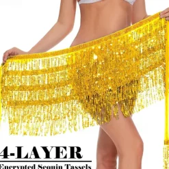 Sequin Skirt Fringe Wrap Skirts Sparkly Belly Dance Hip Scarf Tassel Skirt Party Rave Costume for Women Girls