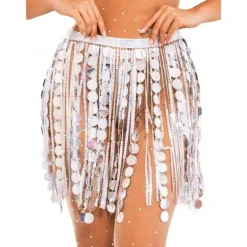 Sequin Skirt Silver Dots Fringe Skirts Belly Dance Hip Scarf Sparkly Rave Skirts for Women