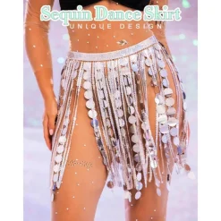 Sequin Skirt Silver Dots Fringe Skirts Belly Dance Hip Scarf Sparkly Rave Skirts for Women