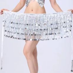 Sequin Skirt Silver Dots Fringe Skirts Belly Dance Hip Scarf Sparkly Rave Skirts for Women