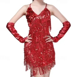 Sequins Tassel Latin Dance Dress for Women's 1920s Flapper Cocktail Party Dresses Rumba Ballroom Costumes with Gloves