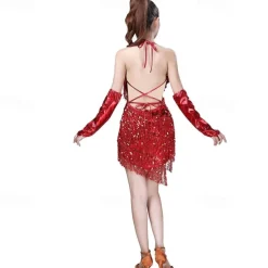 Sequins Tassel Latin Dance Dress for Women's 1920s Flapper Cocktail Party Dresses Rumba Ballroom Costumes with Gloves