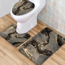 Set of 3 Pieces Bath Mat Non-slip Bathroom Rug, U Shaped Contour Rug & Toilet lid Cover, Marble Texture Bath mat, Non Slip & Soft Absorbent Polyester Carpet