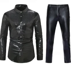 Set with Shiny Metallic Straight Leg Pants 2 PCS Disco Outfits 1980s Men's Sequins Cosplay Costume Masquerade Party Evening Club Performance