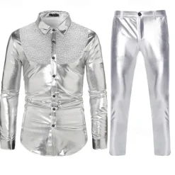 Set with Shiny Metallic Straight Leg Pants 2 PCS Disco Outfits 1980s Men's Sequins Cosplay Costume Masquerade Party Evening Club Performance