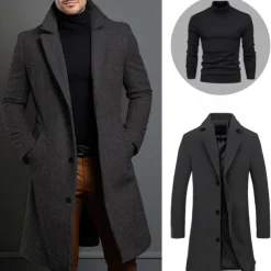 Set with Trench Coat Pullover Men's 2 PCS Outfits Winter Coat Overcoat Daily Wear Winter Thermal Warm Windproof Outerwear Clothing Apparel Fashion Warm Ups Plain Pocket Lapel Single Breasted