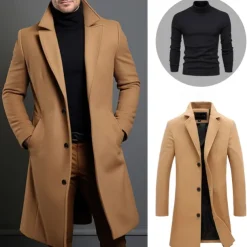 Set with Trench Coat Pullover Men's 2 PCS Outfits Winter Coat Overcoat Daily Wear Winter Thermal Warm Windproof Outerwear Clothing Apparel Fashion Warm Ups Plain Pocket Lapel Single Breasted
