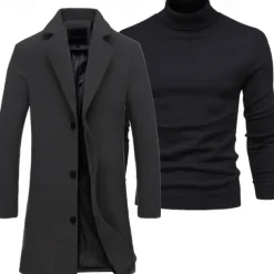 Set with Trench Coat Pullover Men's 2 PCS Outfits Winter Coat Overcoat Daily Wear Winter Thermal Warm Windproof Outerwear Clothing Apparel Fashion Warm Ups Plain Pocket Lapel Single Breasted