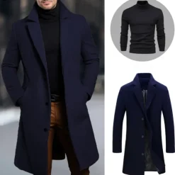 Set with Trench Coat Pullover Men's 2 PCS Outfits Winter Coat Overcoat Daily Wear Winter Thermal Warm Windproof Outerwear Clothing Apparel Fashion Warm Ups Plain Pocket Lapel Single Breasted