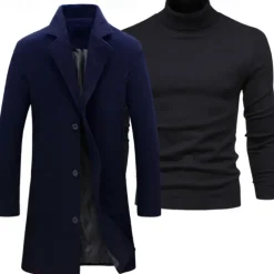 Set with Trench Coat Pullover Men's 2 PCS Outfits Winter Coat Overcoat Daily Wear Winter Thermal Warm Windproof Outerwear Clothing Apparel Fashion Warm Ups Plain Pocket Lapel Single Breasted