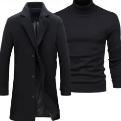 Set with Trench Coat Pullover Men's 2 PCS Outfits Winter Coat Overcoat Daily Wear Winter Thermal Warm Windproof Outerwear Clothing Apparel Fashion Warm Ups Plain Pocket Lapel Single Breasted