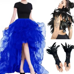 Set with Tulle Tutu Skirt Feather Cape Lace Gloves 3 PCS Women's High Waist High Low Layered Tulle Floor Length Skirt Feather Shawls Outfits Maleficent Costume Punk Gothic Halloween Party Carnival