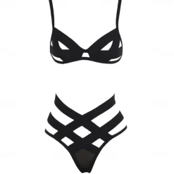 Sexy Hollow Strappy Lingerie Set See Through Plunge Bra & Criss Cross Panties Women's Sexy Lingerie & Underwear
