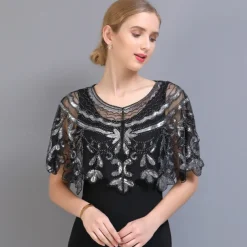 Shawl & Wrap Women's Wedding Guest Wraps Bolero Sparkle & Shine 1920s Elegant Short Sleeve Tulle Wedding Wraps With Beading For Wedding Summer dress to impress