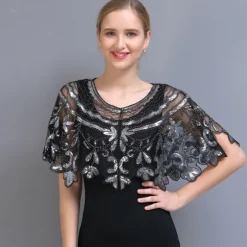 Shawl & Wrap Women's Wedding Guest Wraps Bolero Sparkle & Shine 1920s Elegant Short Sleeve Tulle Wedding Wraps With Beading For Wedding Summer dress to impress