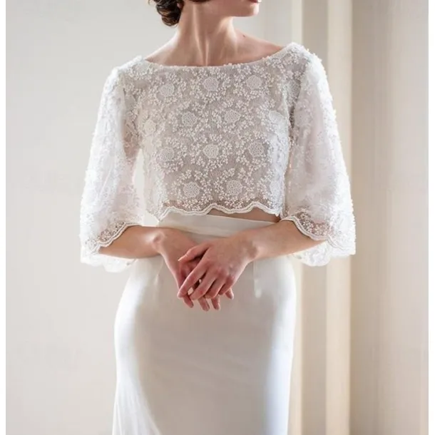 Shawls Women's Wrap Bridal's Wraps Elegant Bridal 3/4 Length Sleeve Lace Wedding Wraps With Pure Color For Party Spring & Summer