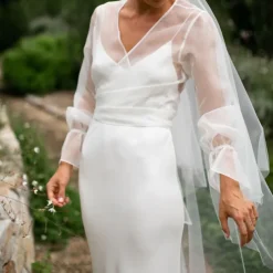 Shawls Women's Wrap Voiles & Sheers Elegant Long Sleeve Tulle Wedding Wraps With Pure Color For Party Spring & Summer