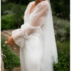 Shawls Women's Wrap Voiles & Sheers Elegant Long Sleeve Tulle Wedding Wraps With Pure Color For Party Spring & Summer