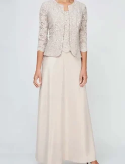 Sheath / Column 3 Piece Mother of the Bride Dress Formal Wedding Guest Elegant Vintage Simple Square Neck Crew Neck Floor Length Satin Lace Sleeveless Long Sleeve Jacket Dresses with Lace