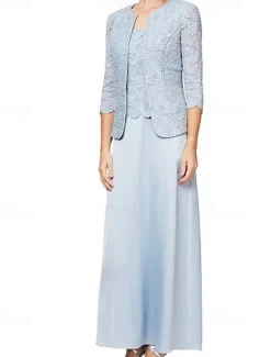 Sheath / Column 3 Piece Mother of the Bride Dress Formal Wedding Guest Elegant Vintage Simple Square Neck Crew Neck Floor Length Satin Lace Sleeveless Long Sleeve Jacket Dresses with Lace