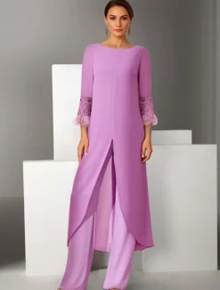 Sheath / Column 3 Piece Pantsuit Beach Wedding Mother of the Bride Dress Elegant Vintage Jewel Neck Floor Length Chiffon 3/4 Length Sleeve with Feather Beading