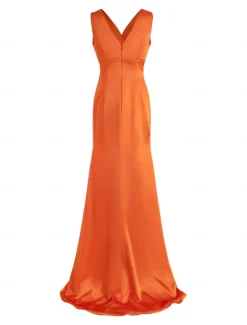 Sheath / Column Bridesmaid Dress V Neck / One Shoulder Long Sleeve Elegant Sweep / Brush Train Spandex with Pleats / Solid Color 2022