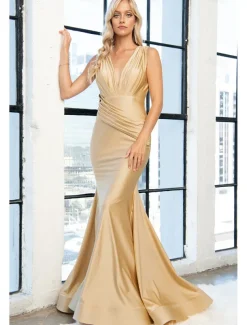 Sheath / Column Bridesmaid Dress V Neck / One Shoulder Long Sleeve Elegant Sweep / Brush Train Spandex with Pleats / Solid Color 2022