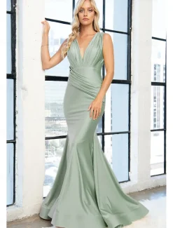 Sheath / Column Bridesmaid Dress V Neck / One Shoulder Long Sleeve Elegant Sweep / Brush Train Spandex with Pleats / Solid Color 2022