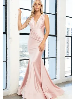Sheath / Column Bridesmaid Dress V Neck / One Shoulder Long Sleeve Elegant Sweep / Brush Train Spandex with Pleats / Solid Color 2022