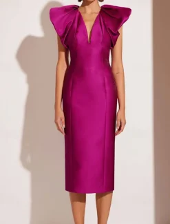 Sheath / Column Cocktail Dresses Elegant Formal Wedding Tea Length Midi Dress Short Sleeve V NeckDress Satin with Pleats