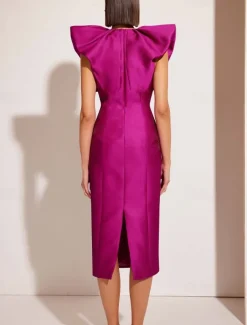 Sheath / Column Cocktail Dresses Elegant Formal Wedding Tea Length Midi Dress Short Sleeve V NeckDress Satin with Pleats